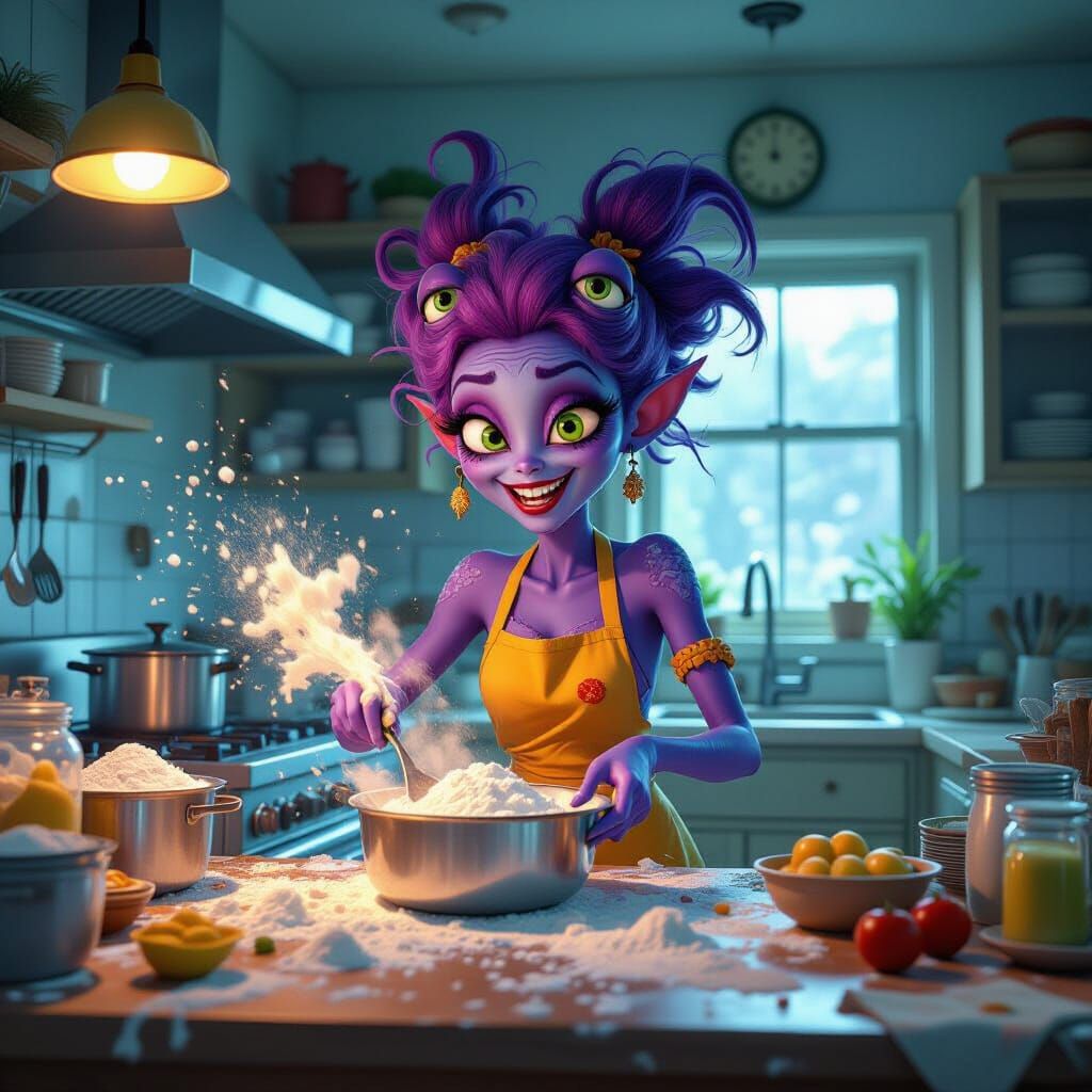 Whimsical Alien Mother Cooking in Chaotic Kitchen