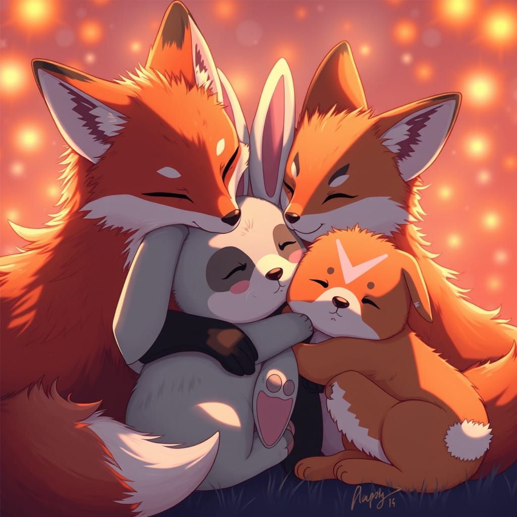 Tender Anime Friendship Moment with Foxes, Bunnies, and Pupp...