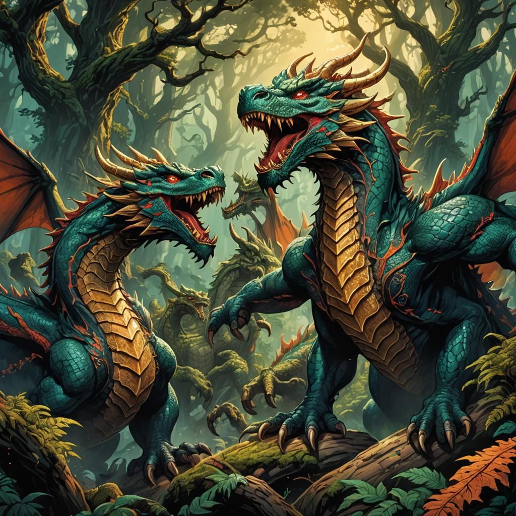 Three-Headed Dragon Roaring in Mystical Forest