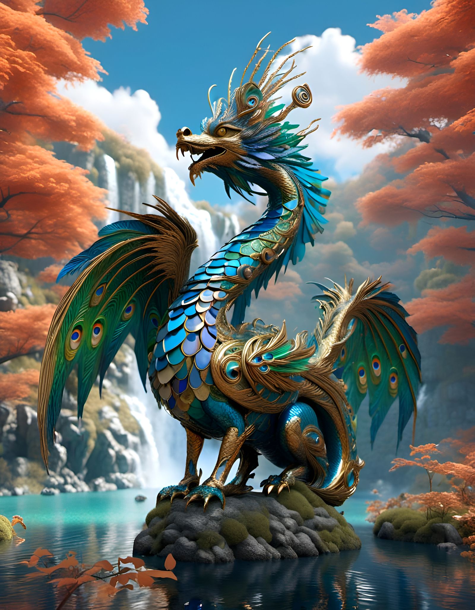 Ornate Dragon-Peacock Hybrid in Lush Landscape