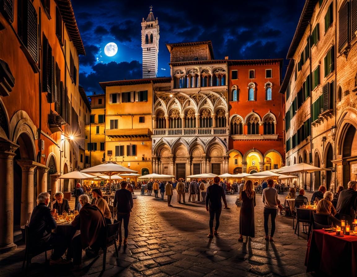 Siena Old Town Square at Night, Digital Painting