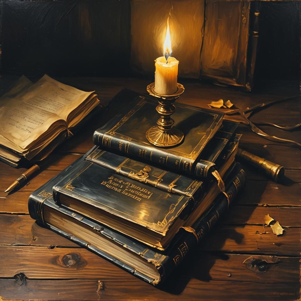 Moody Oil Painting of Open Book by Candlelight