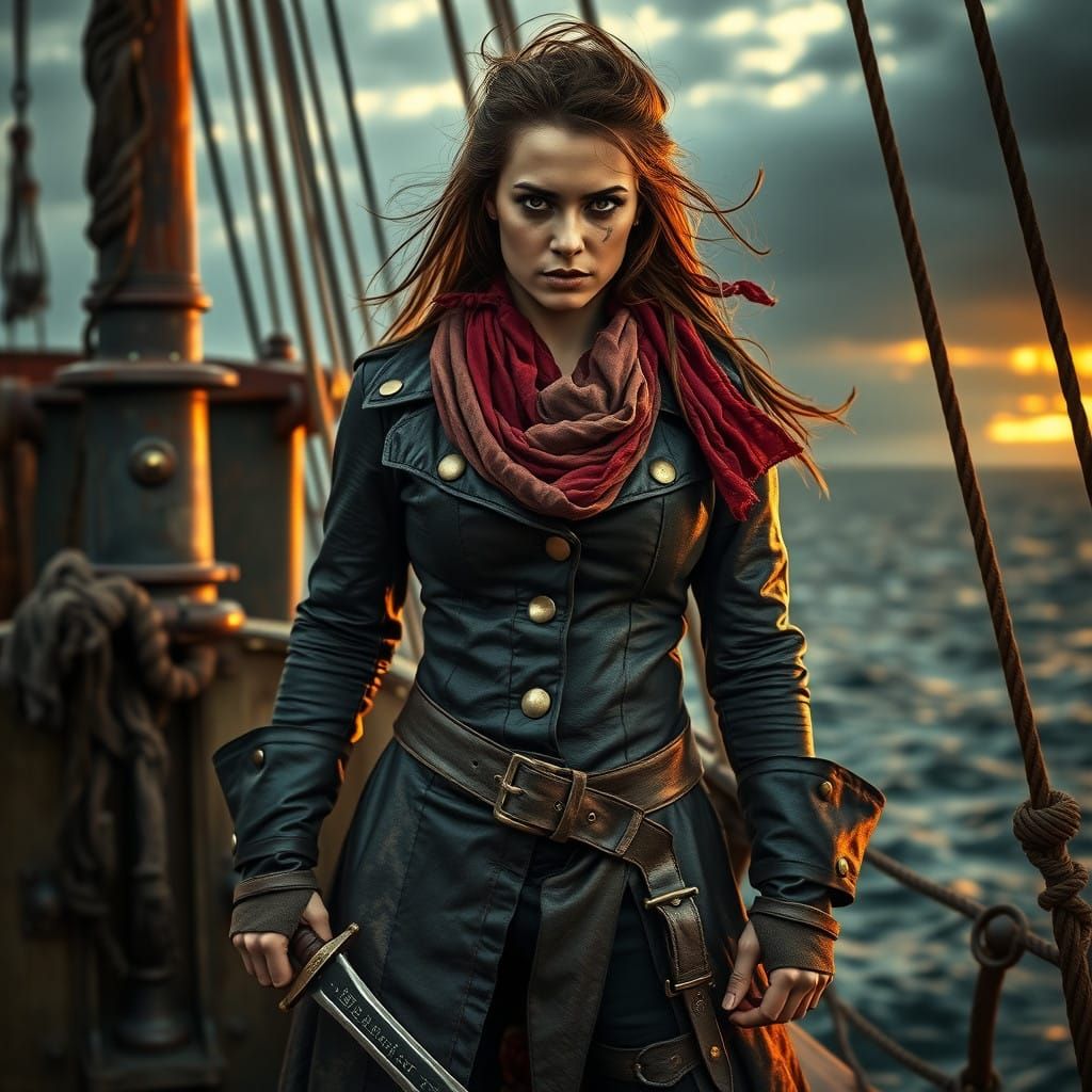 Fierce 19th Century Pirate Woman in Weathered Shipyard