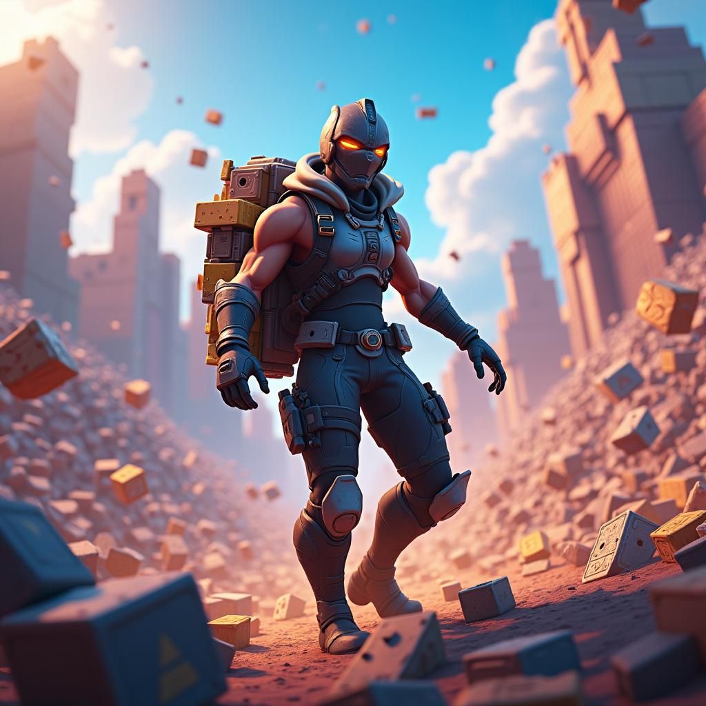 Epic Fortnite Warrior in a Building Block Storm
