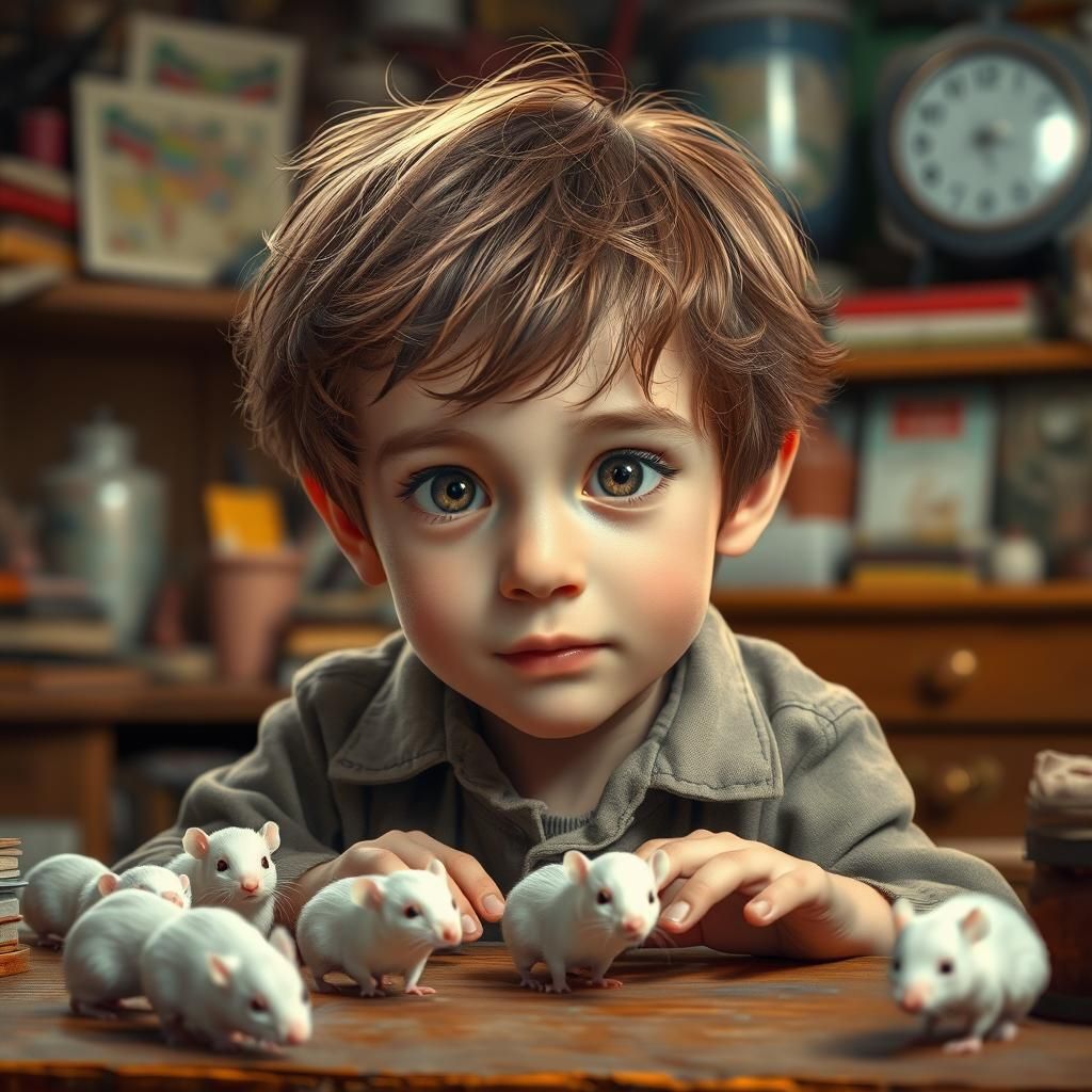 Boy Playing with Mice in Hyperrealistic Style