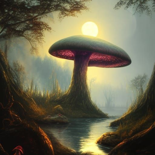 Gothic Glowing Mushroom Forest at Twilight