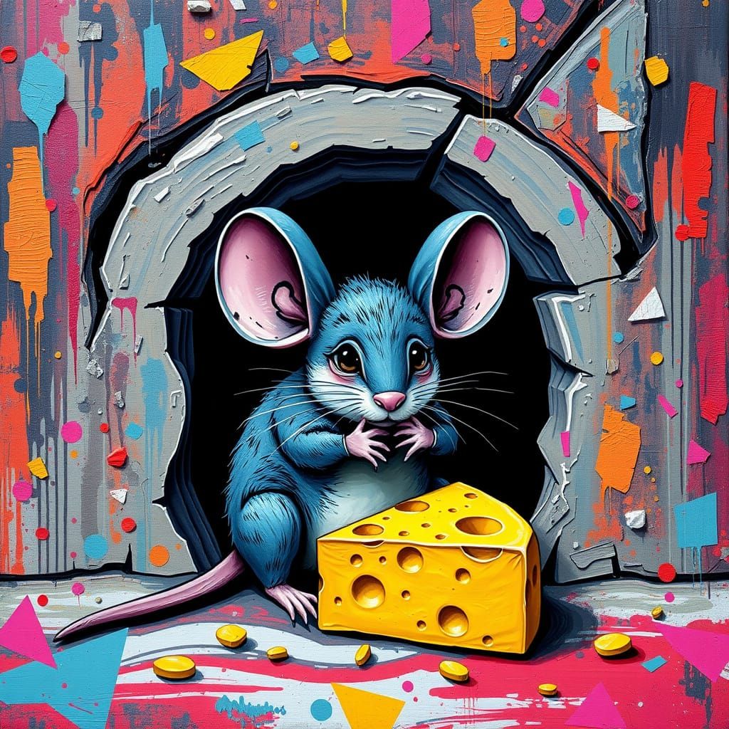 Paper Mouse Hugging Cheese: Graffiti Art Style