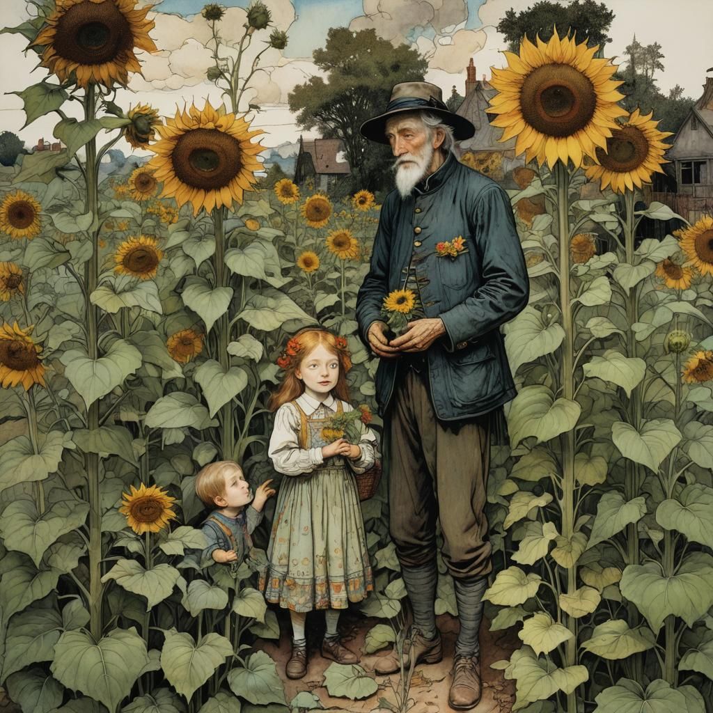 The Old Gardener's Joyful Sunflower Celebration in Whimsical...