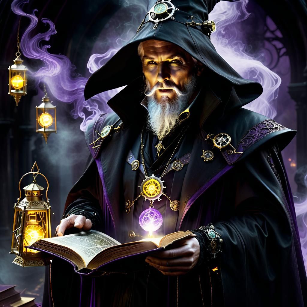 Steampunk Wizard Casting Dark Magic in Fantasy Art