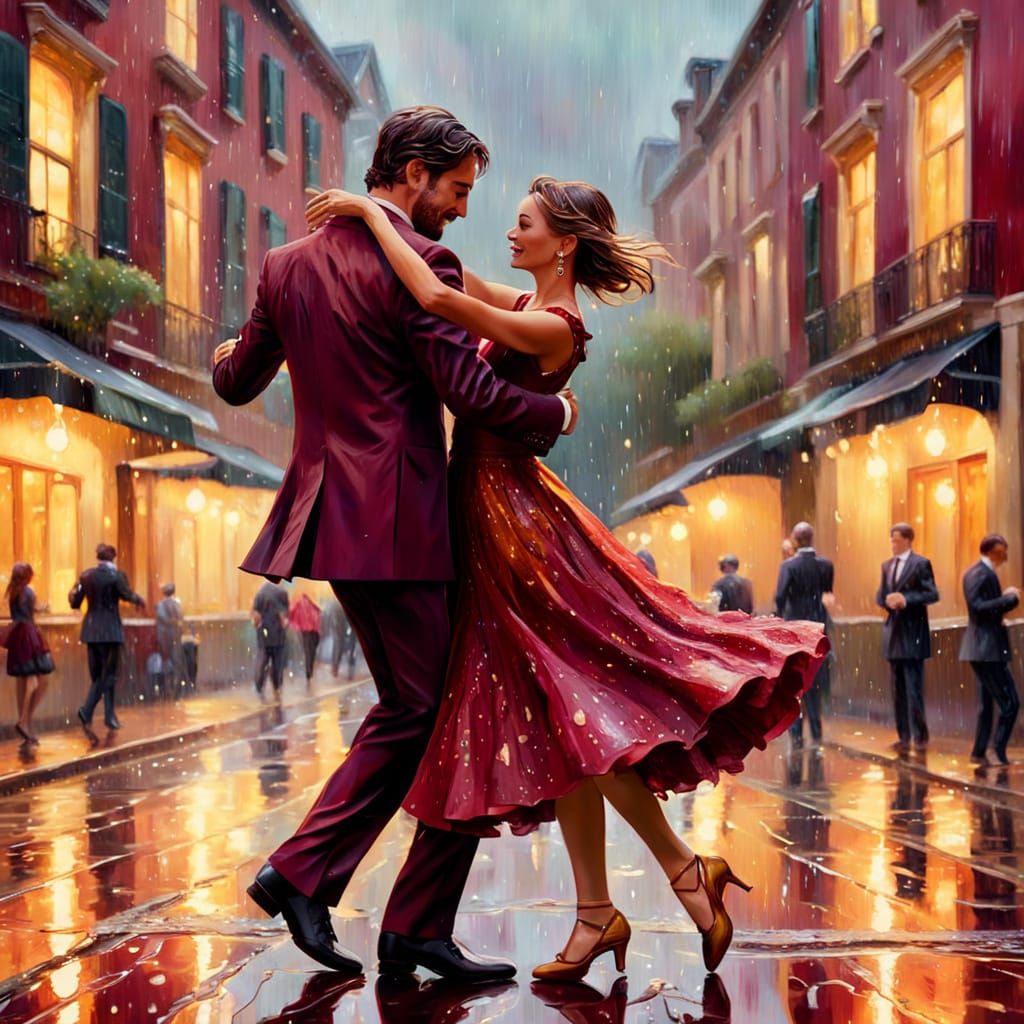 Romantic Couple Waltzing in Rainy Street: Impressionism
