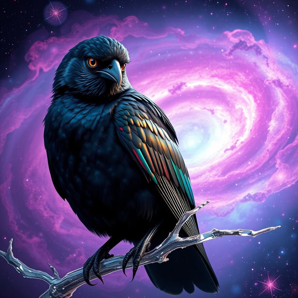 Majestic Black Bird in Iridescent Cosmic Landscape