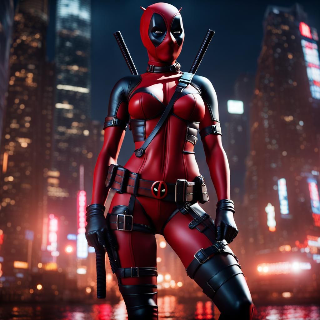 Deadpool Latex Bikini in Cyberpunk Cityscape
