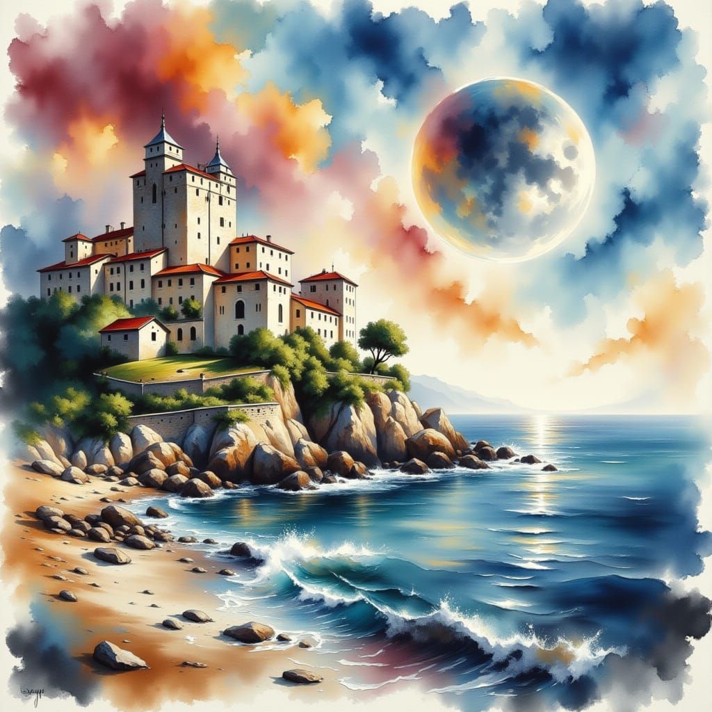 Italian Castle Seascape in Sumi-e Style