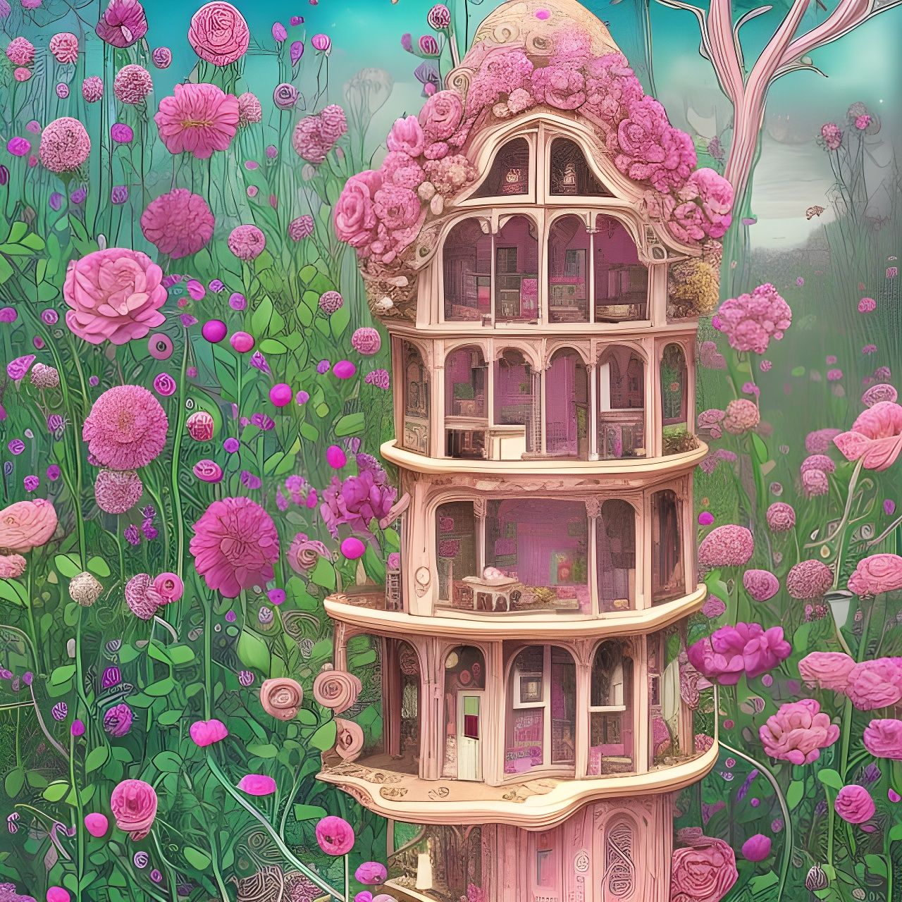 Multi-tiered pink flower cutesy treehouse