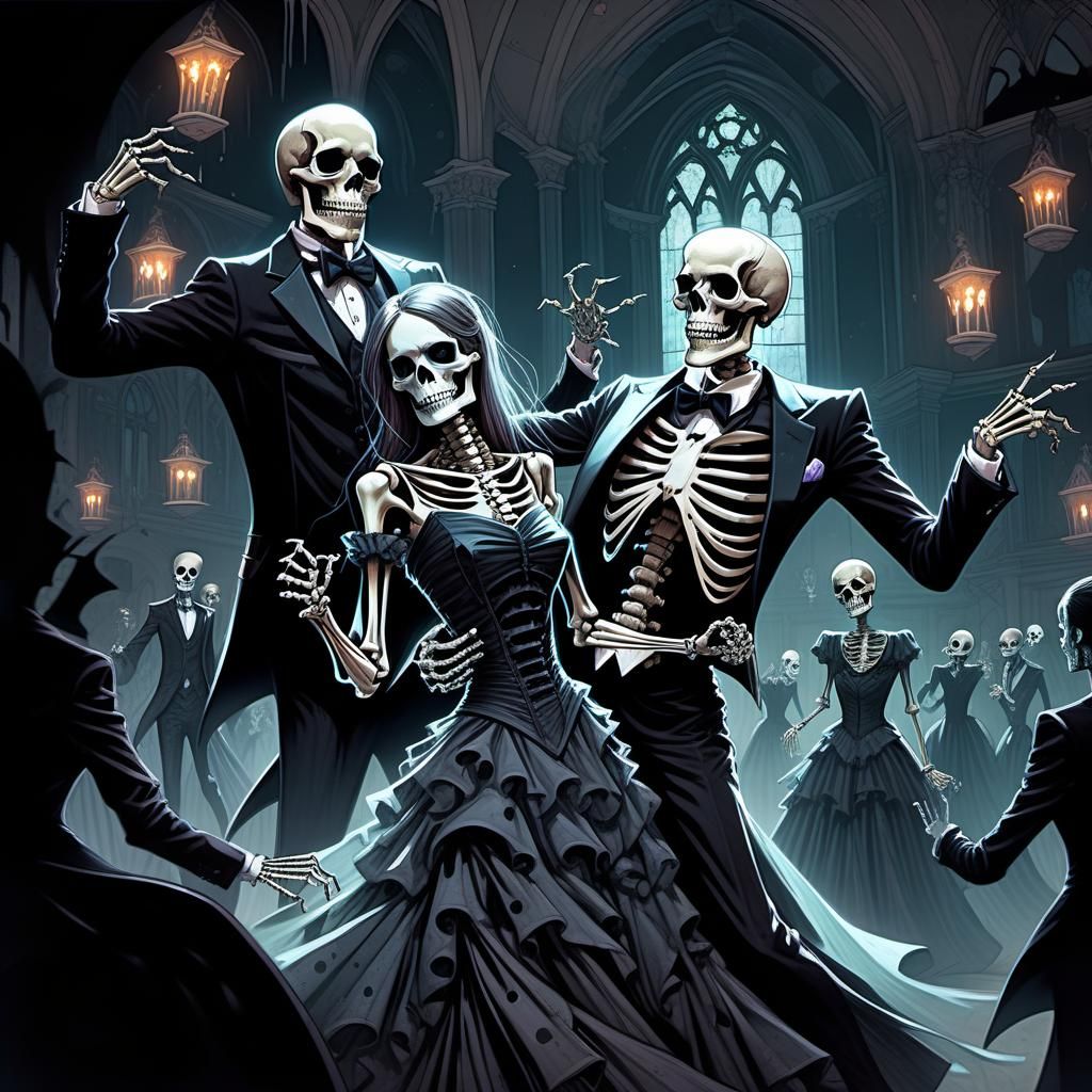 Surreal Graveyard Prom Dance with Ghosts and Skeletons