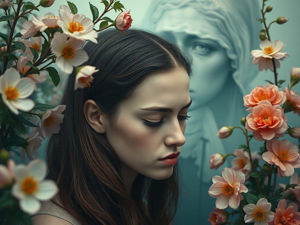 Sorrowful Woman Surrounded by Lush Blooms in Soft Pastel Hue...