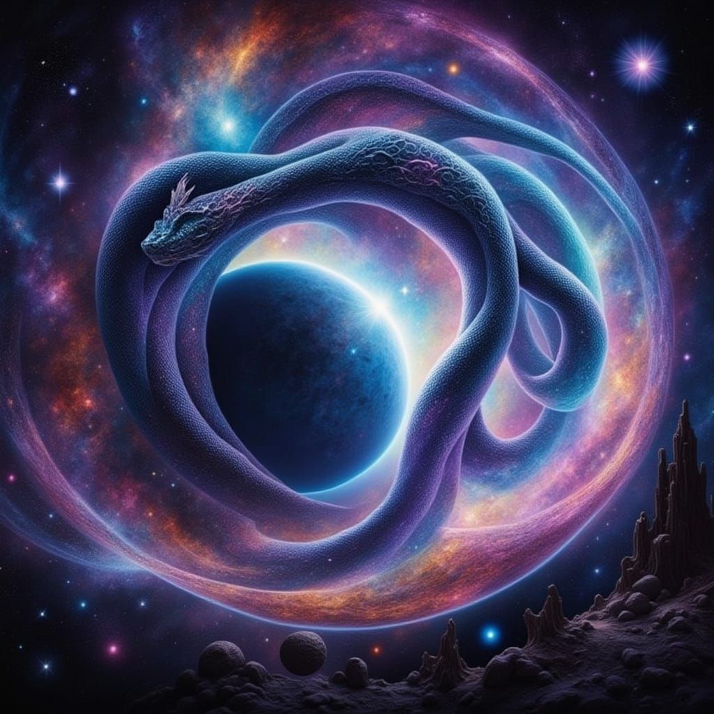 Colossal Serpent Coiled Around Planet in Cosmic Matte Painti...