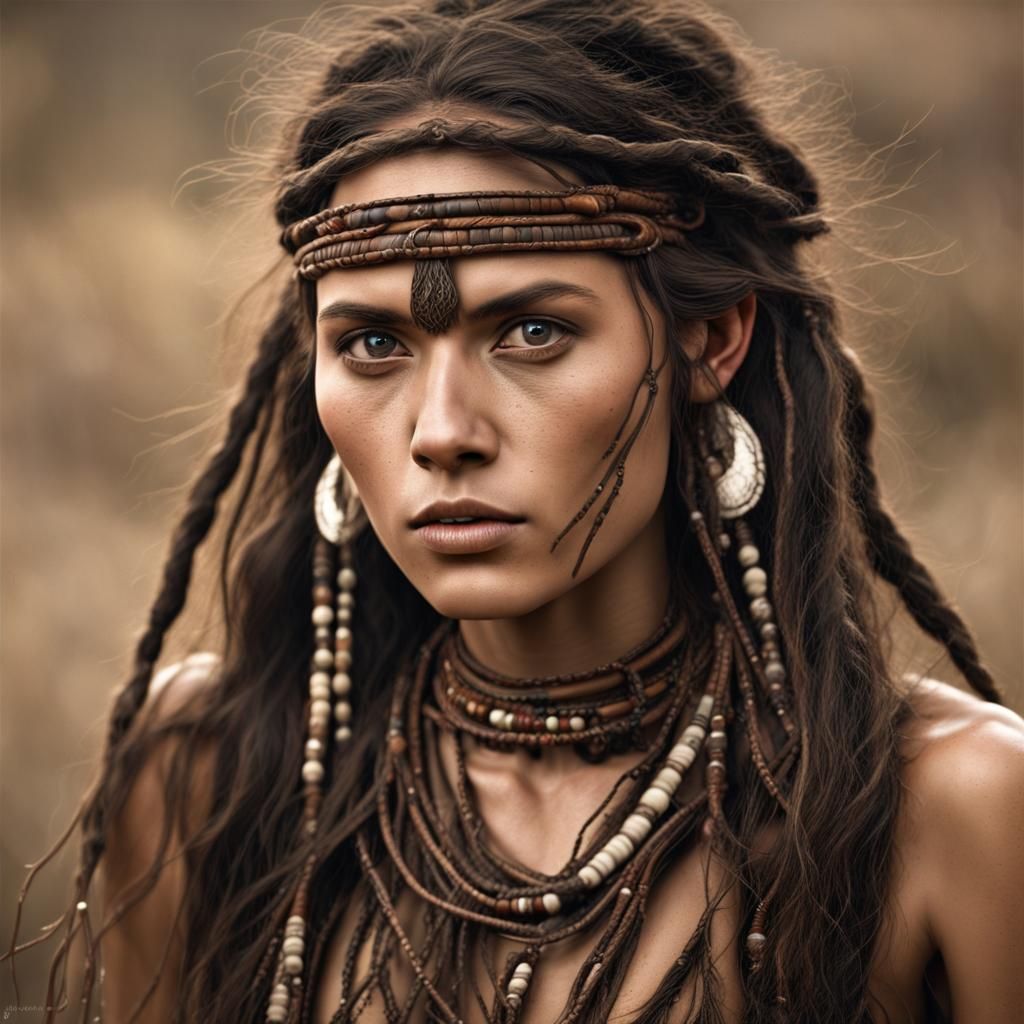 Tribal Hunter Woman in Wilderness Setting