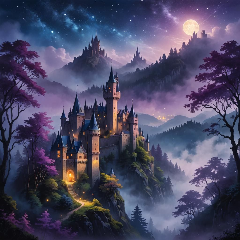 Ethereal Castle in Lush Forest Under Starry Sky