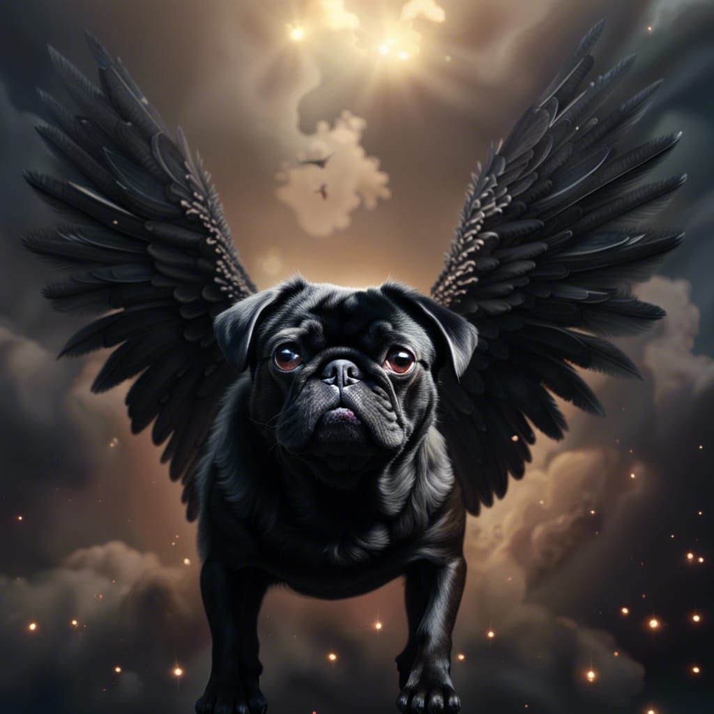 Black Pug with Angel Wings Digital Painting