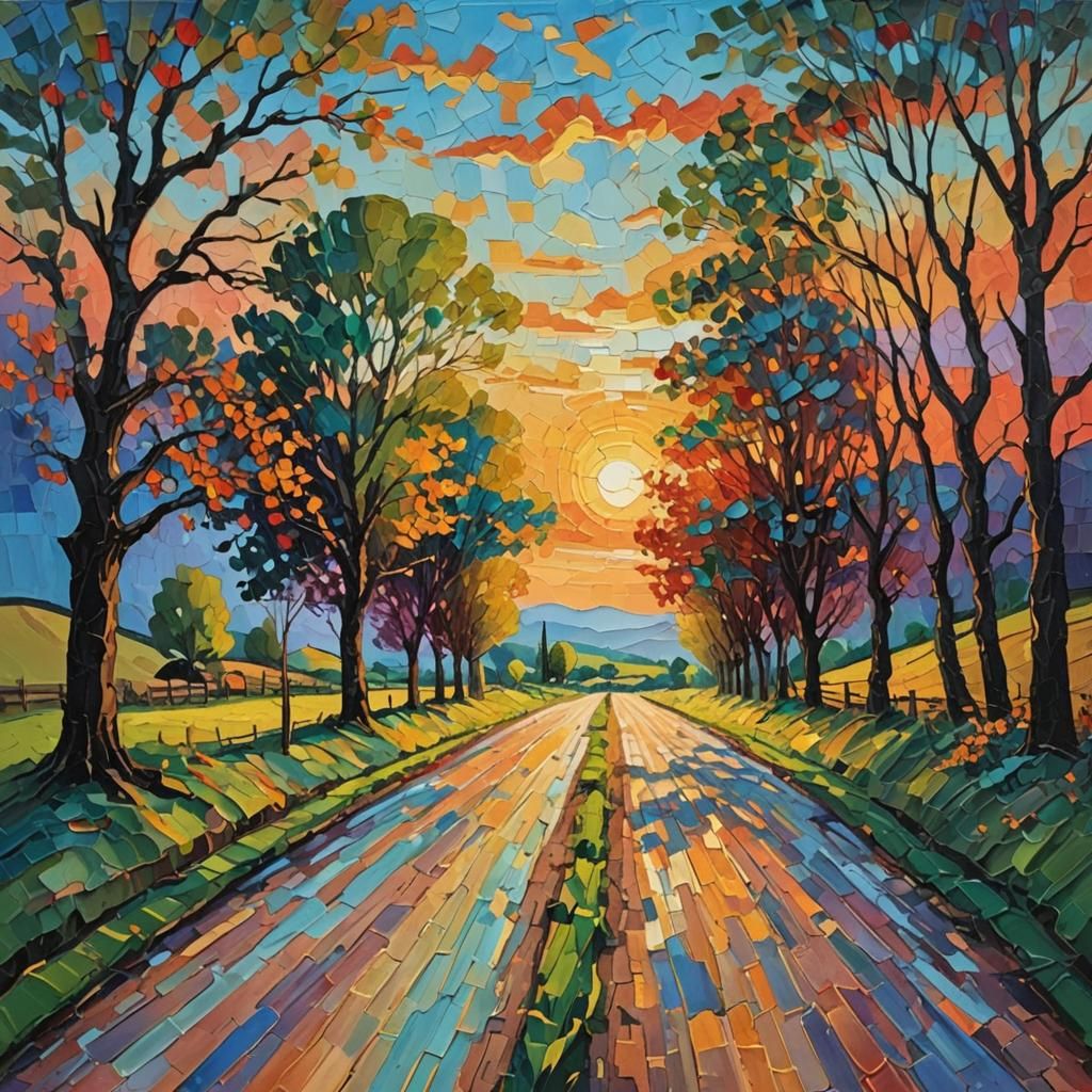 Sunset Road: A Neo-Impressionistic Expressionist Painting