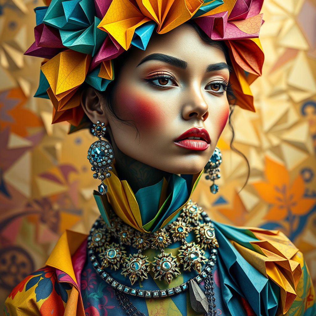 Hyperrealistic Origami Woman Portrait in Expressionist Style