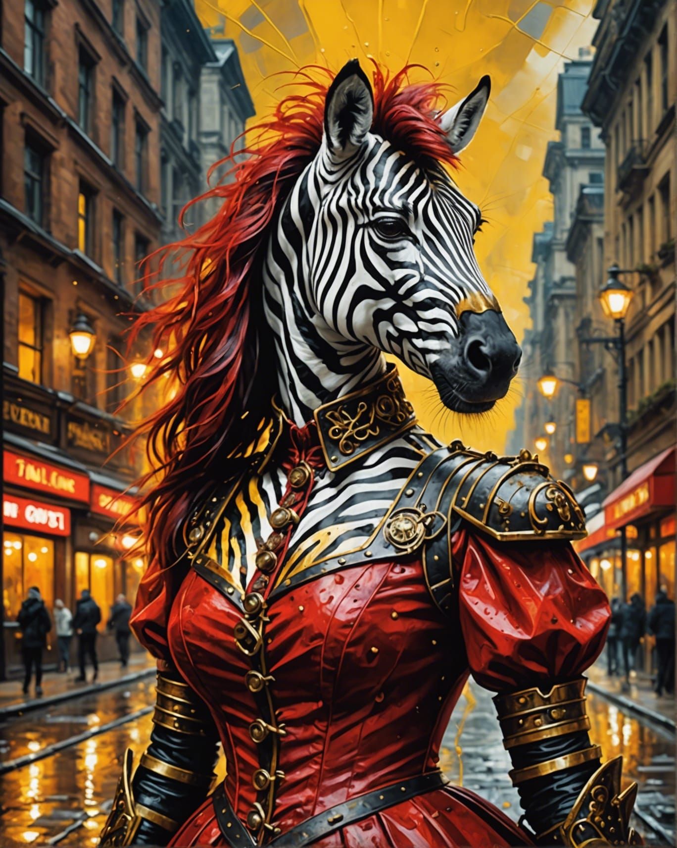 Steampunk Zebra in Red Dress Oil Painting
