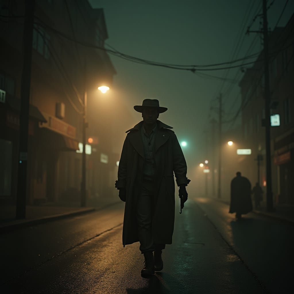 Spaceman Walks Foggy Night Street in Sergio Leone Style