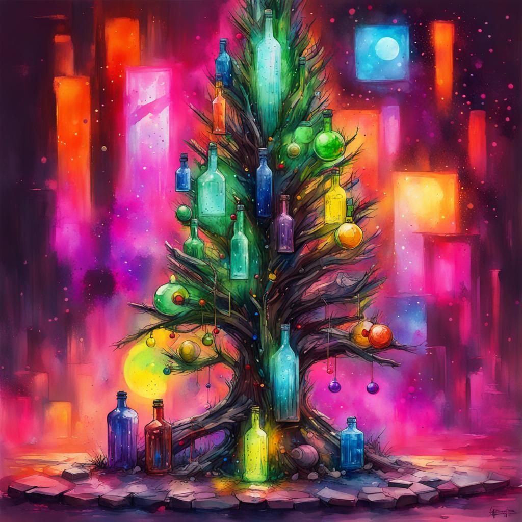 Bottle Christmas Tree in Cyberpunk Graffiti Style