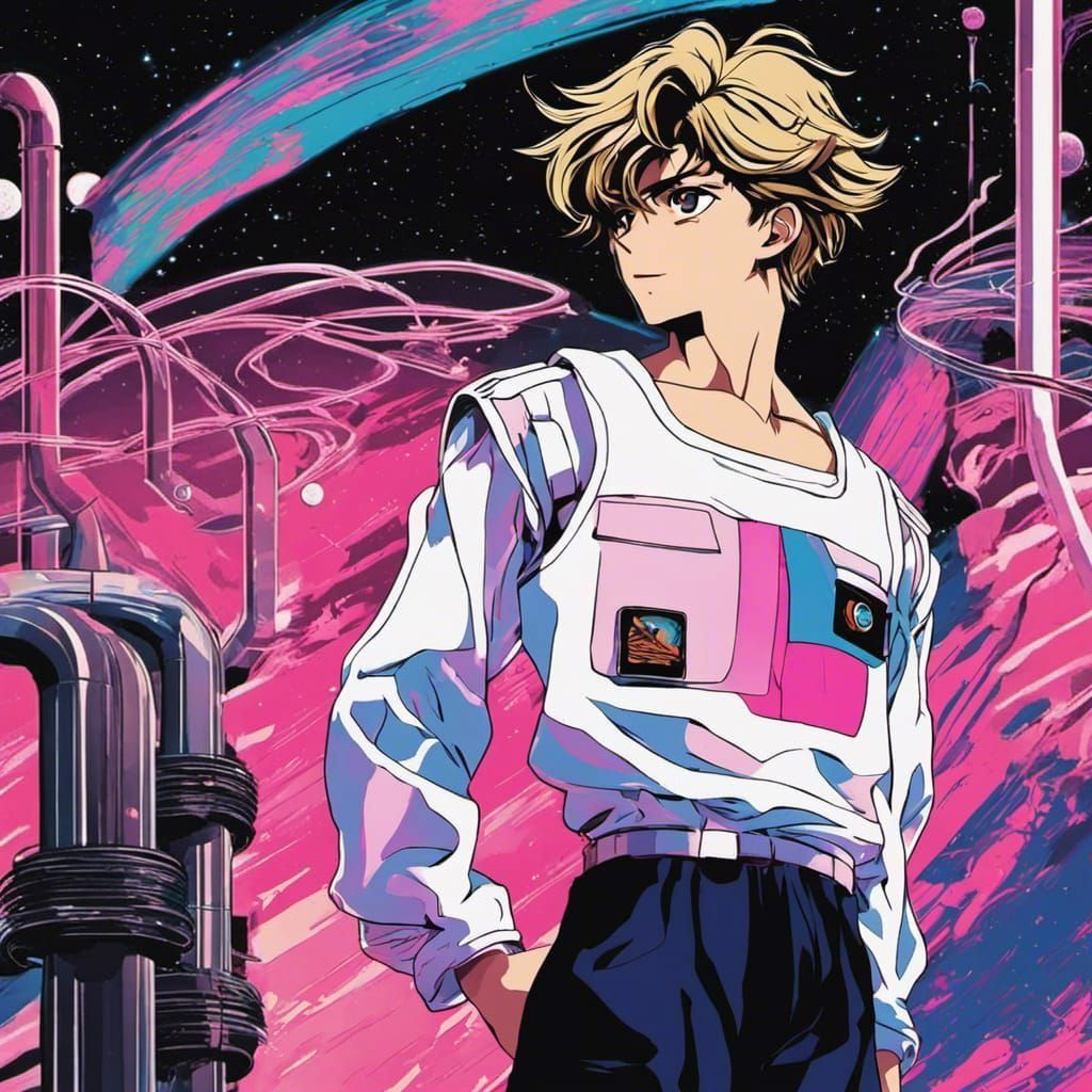 Retro Anime Planets and Pipes in Vaporwave Style