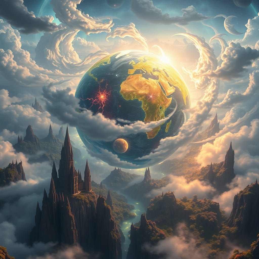 Luminous Flying Earth in Whimsical Dreamlike Landscape