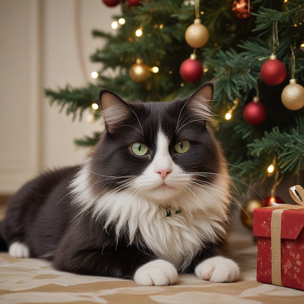 Whimsical Cat Prepares to Pounce on Christmas Tree Toy