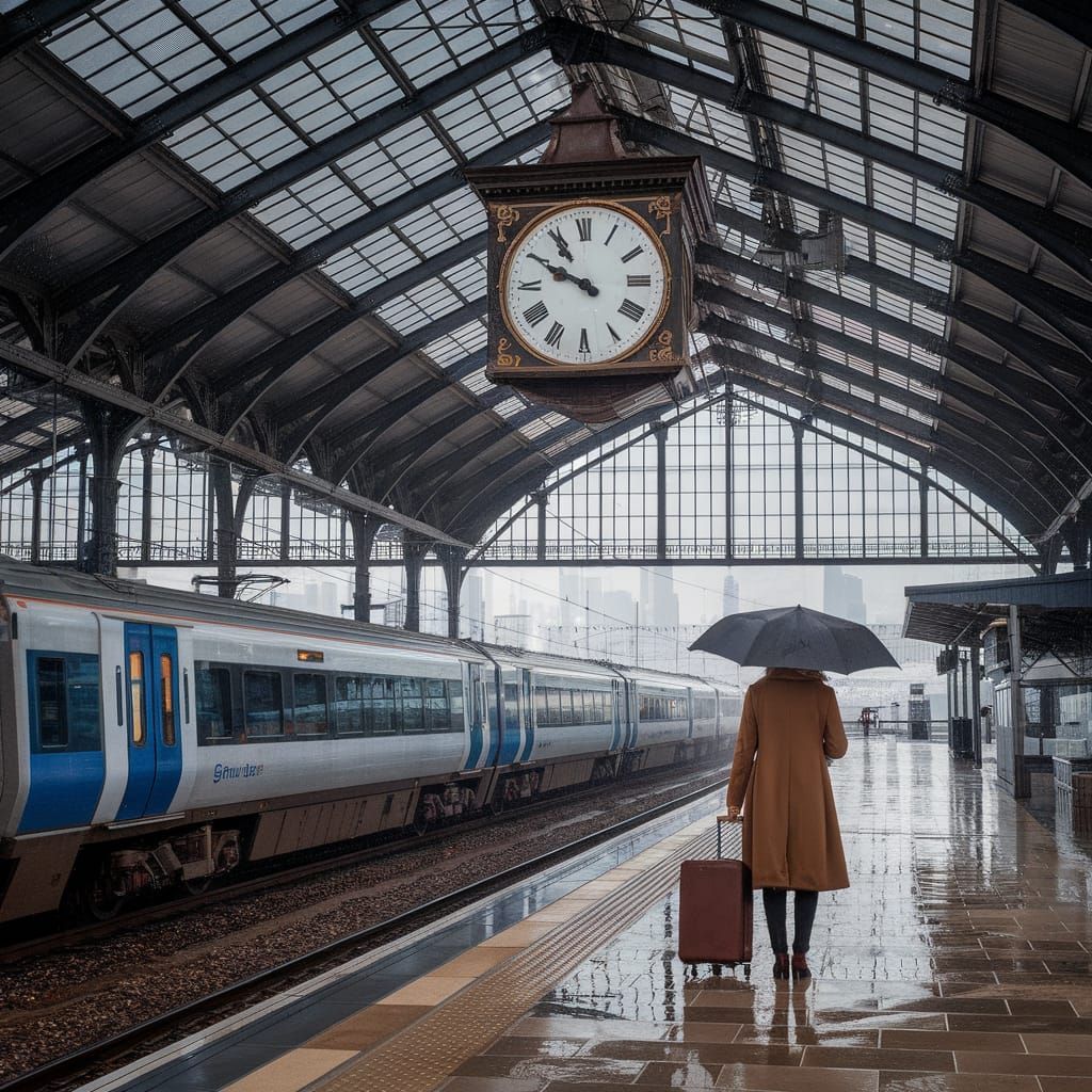 Elegant Train Station Under Rainy Skies