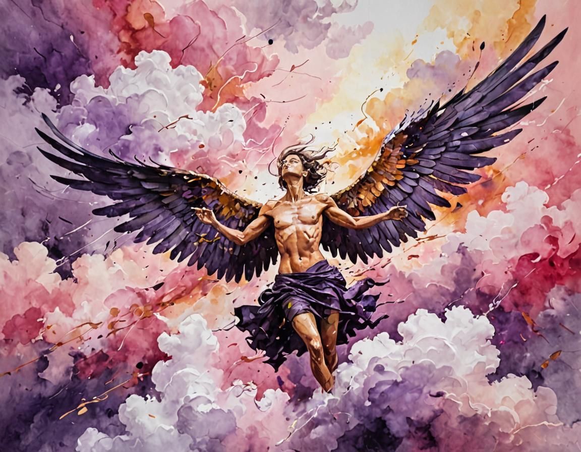 Fallen Angel Soaring in Abstract Watercolor Style