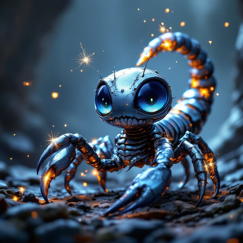 Whimsical Chibi Scorpion Monster in Mystical Cavern