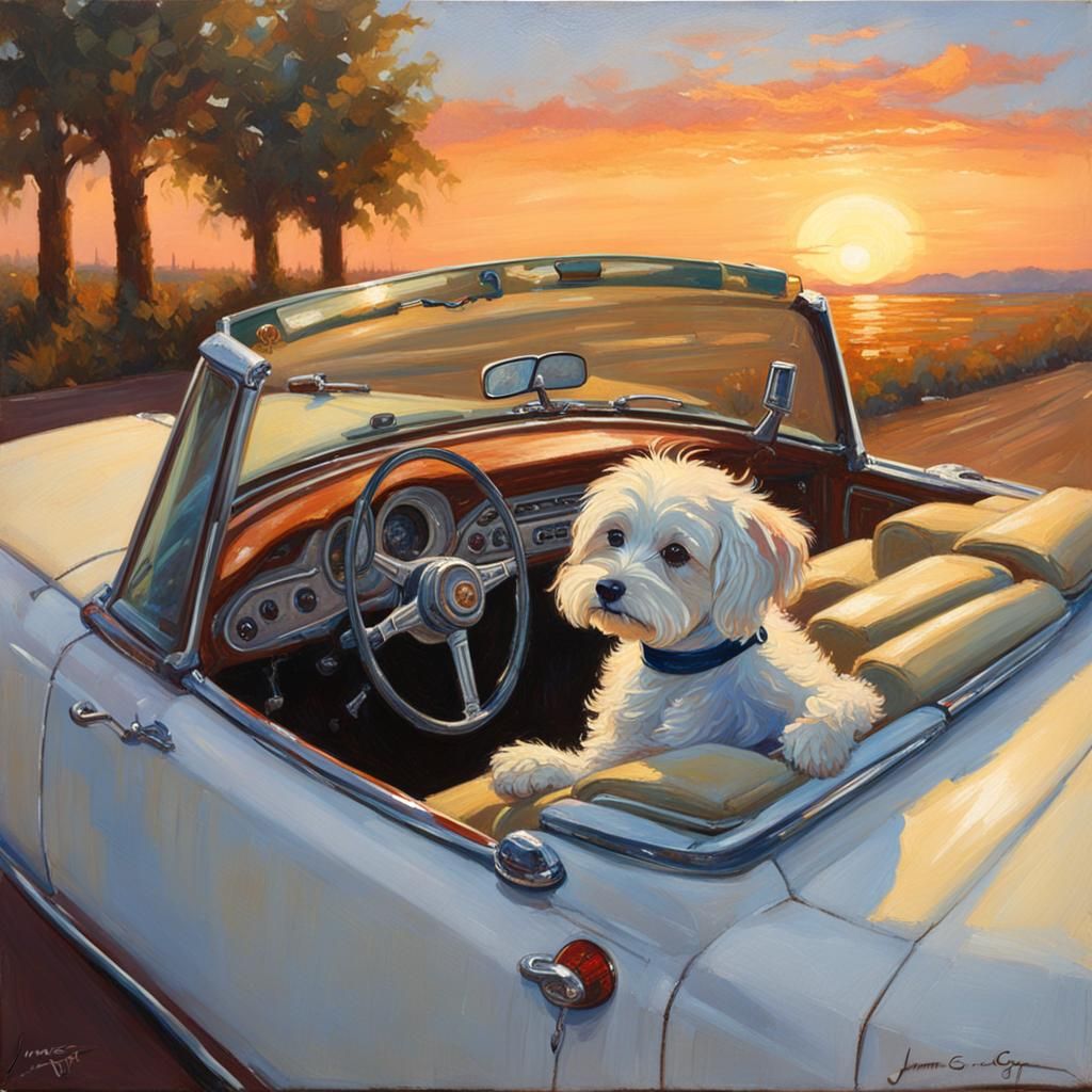 Dog's Sunset Ride: An Oil Painting