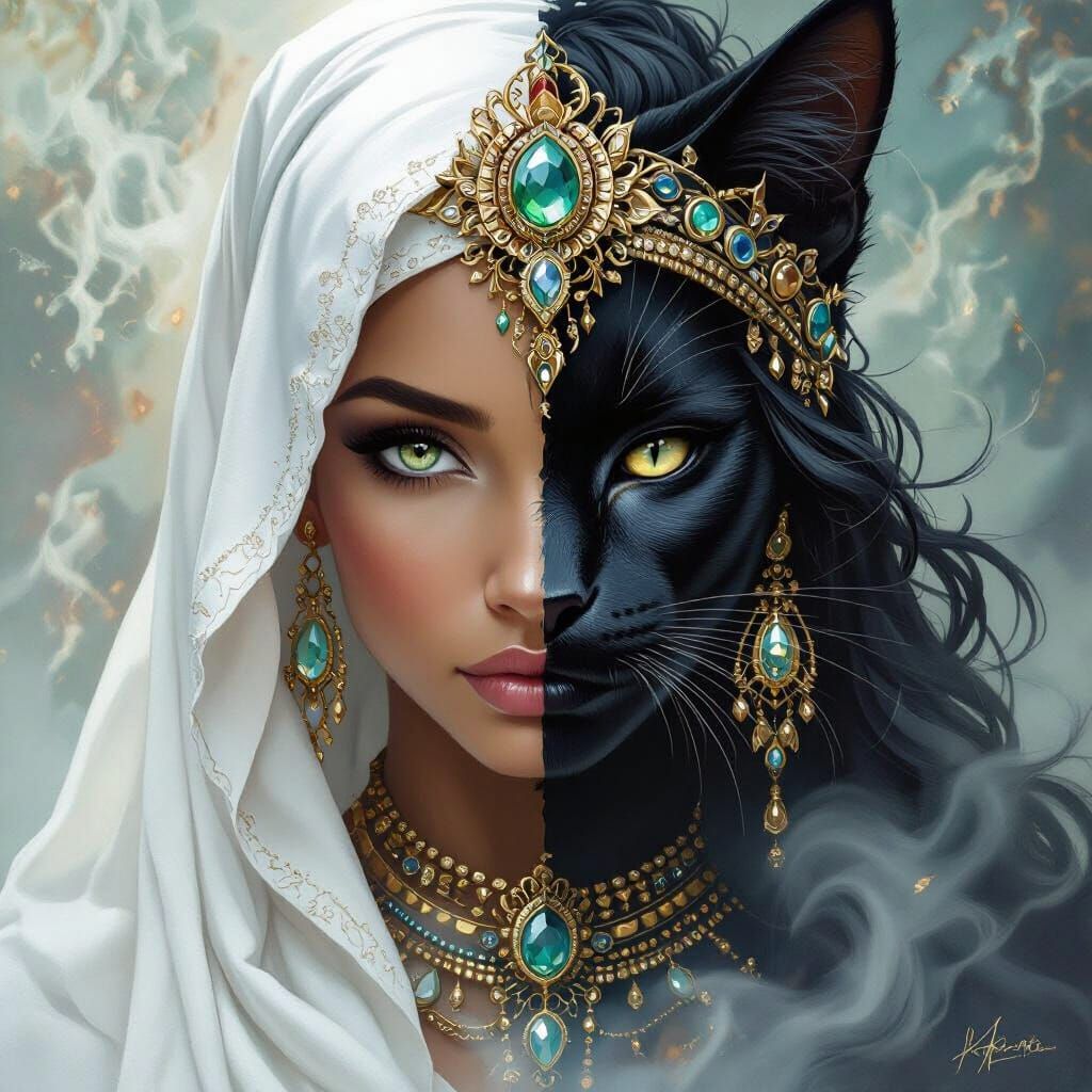 Dual Goddess: Wise Sage and Feline Queen in Ethereal Mist