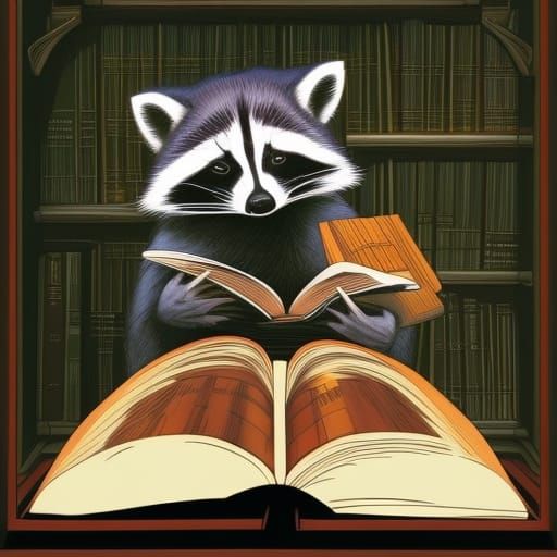 Raccoons Reading in Library: Comic Book Art