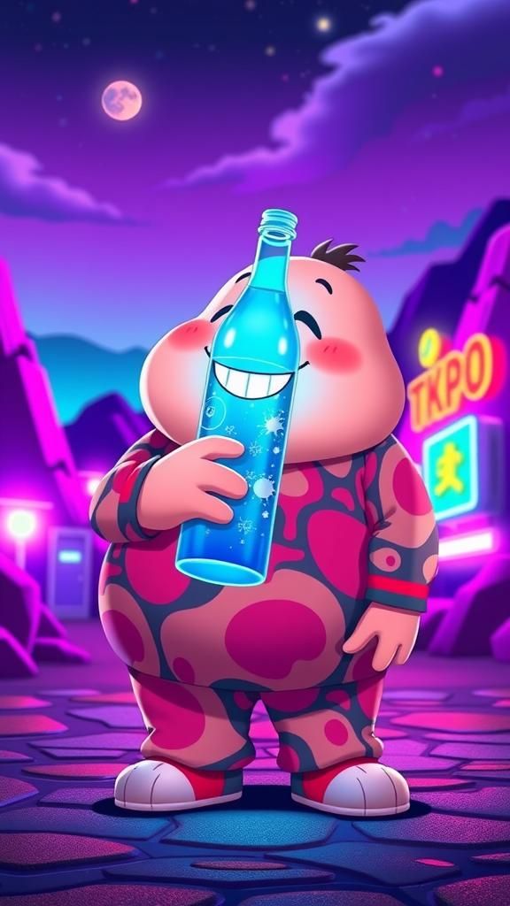 Chubby Teletubby in Neon Anime Landscape