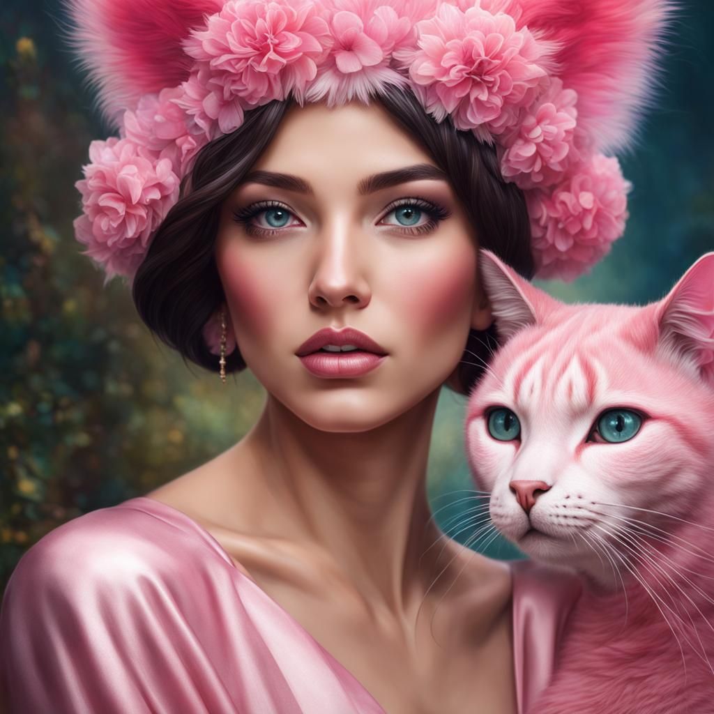 Elegant Woman with Pink Cat, Digital Illustration