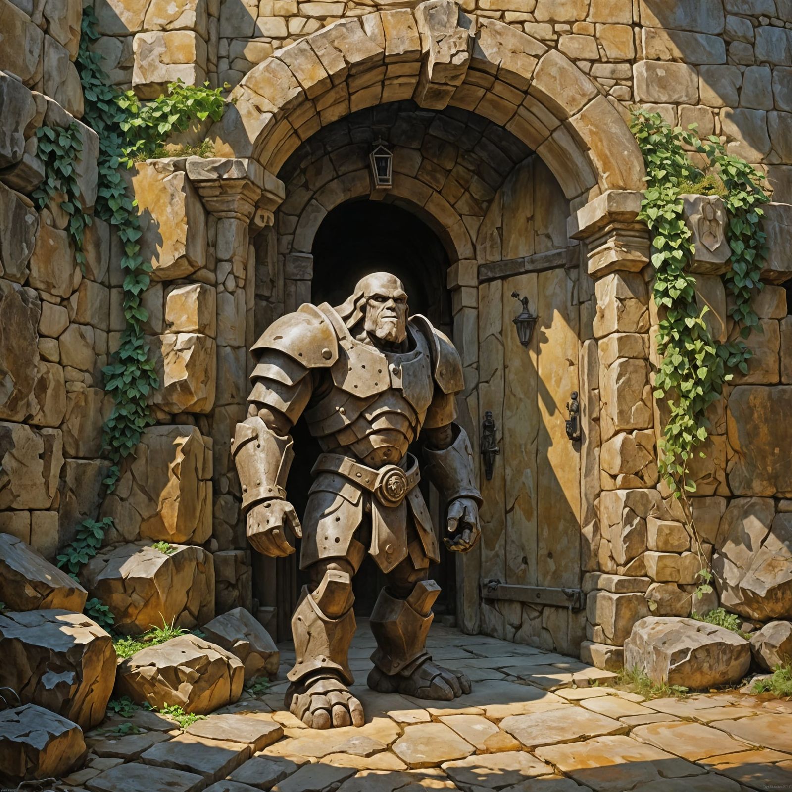Mythical Stone Golem Guarding a Doorway