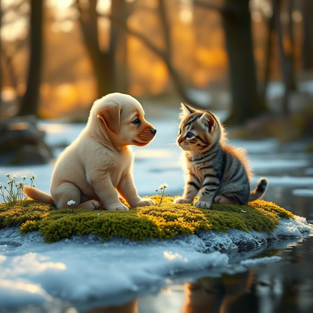 Golden Retriever Puppy and Kitten on Ice Patch