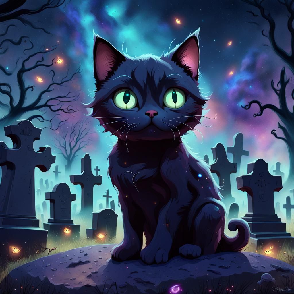 Pixar Style Cat Spirit in Graveyard
