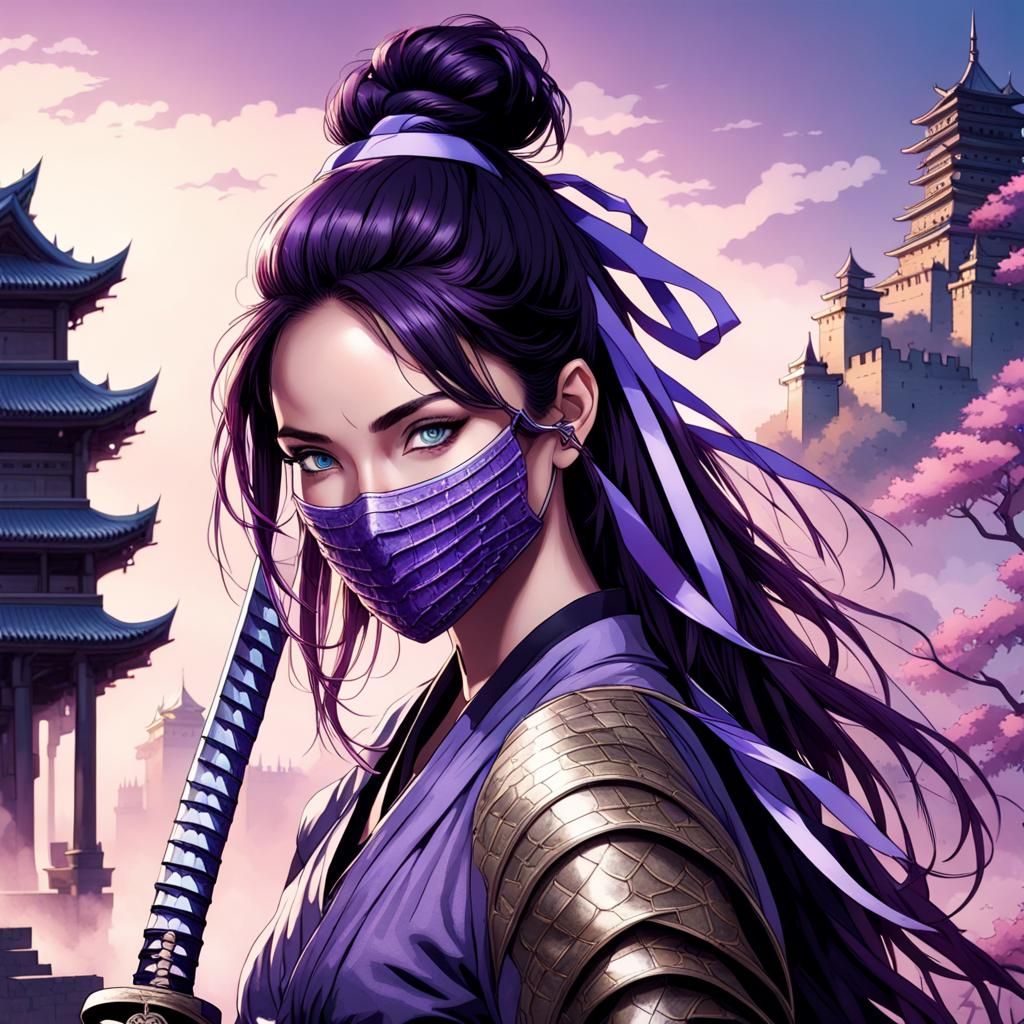Female Warrior with Katana and Oriental Castle