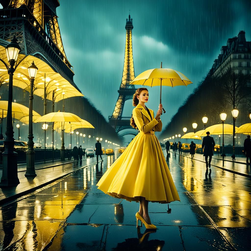 Eiffel Tower: Woman with Yellow Umbrella in Dior Dress