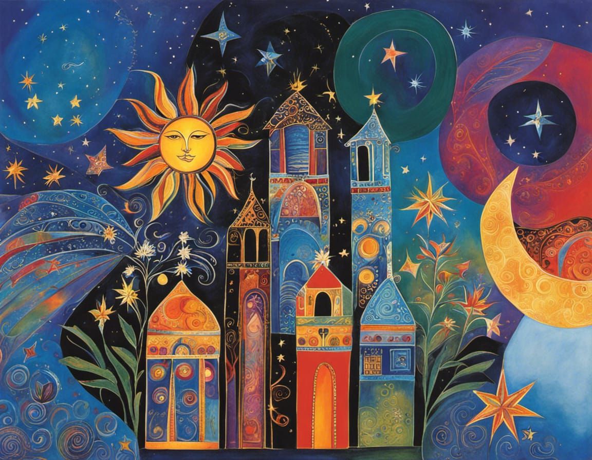 Whimsical Sun, Moon, and Stars Art