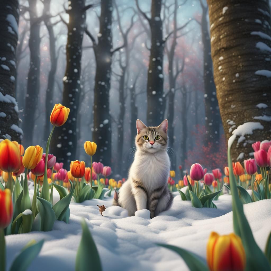 Tulips and Cats in Snowy Spring Forest