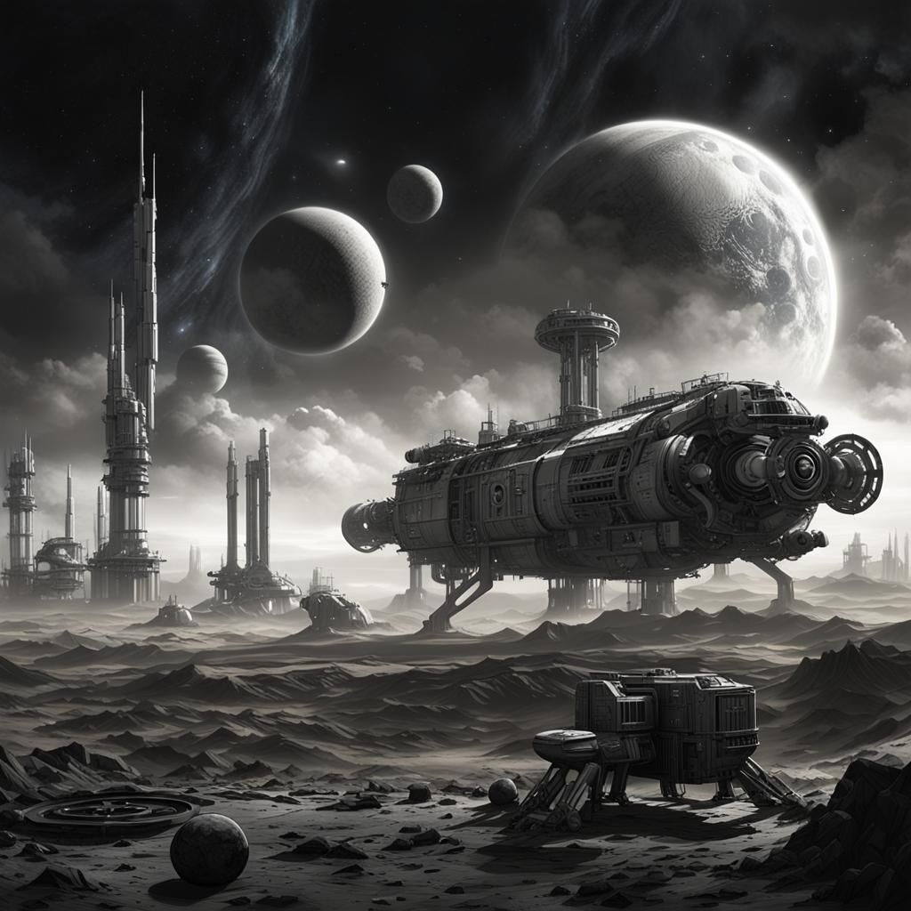 Industrial Sci-Fi Landscape in Film Noir Style