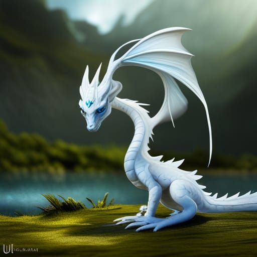 White Dragon with Blue Eyes by Lake