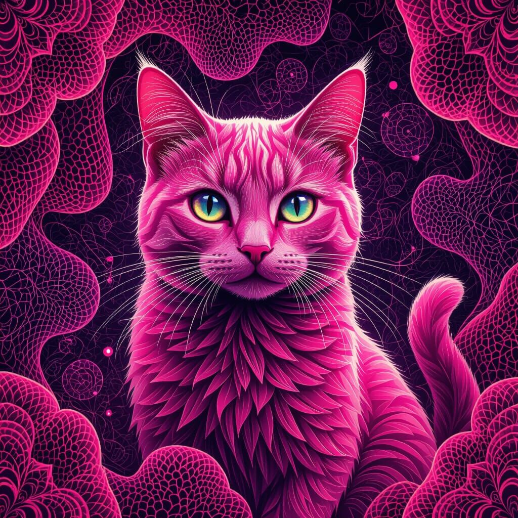 Vibrant Pink Cat in Abstract Fractal Vector Style